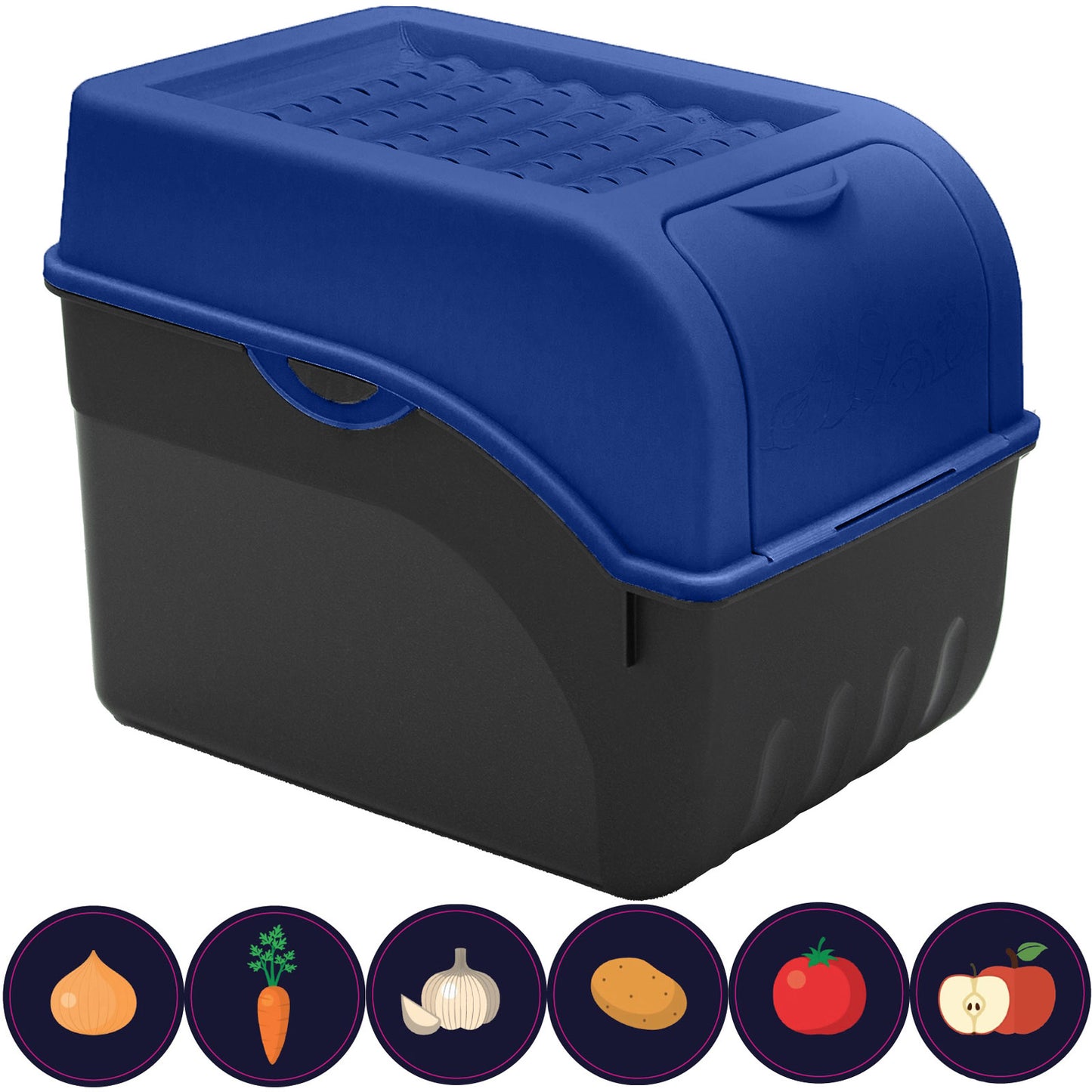 Kartoffelbox mit Deckel dunkelblau - Kartoffel Aufbewahrungsbox Gemüsebox mit Aufkleber