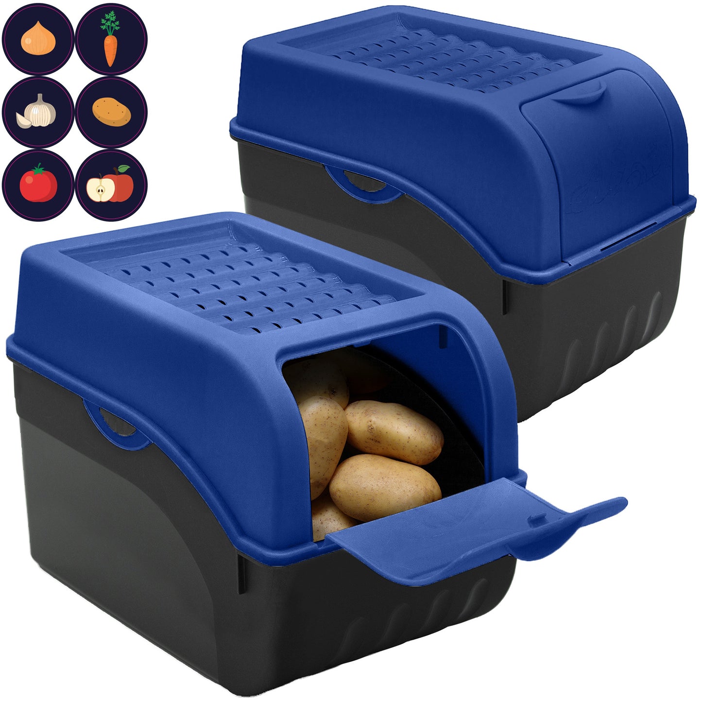 Kartoffelbox mit Deckel dunkelblau - Kartoffel Aufbewahrungsbox Gemüsebox mit Aufkleber