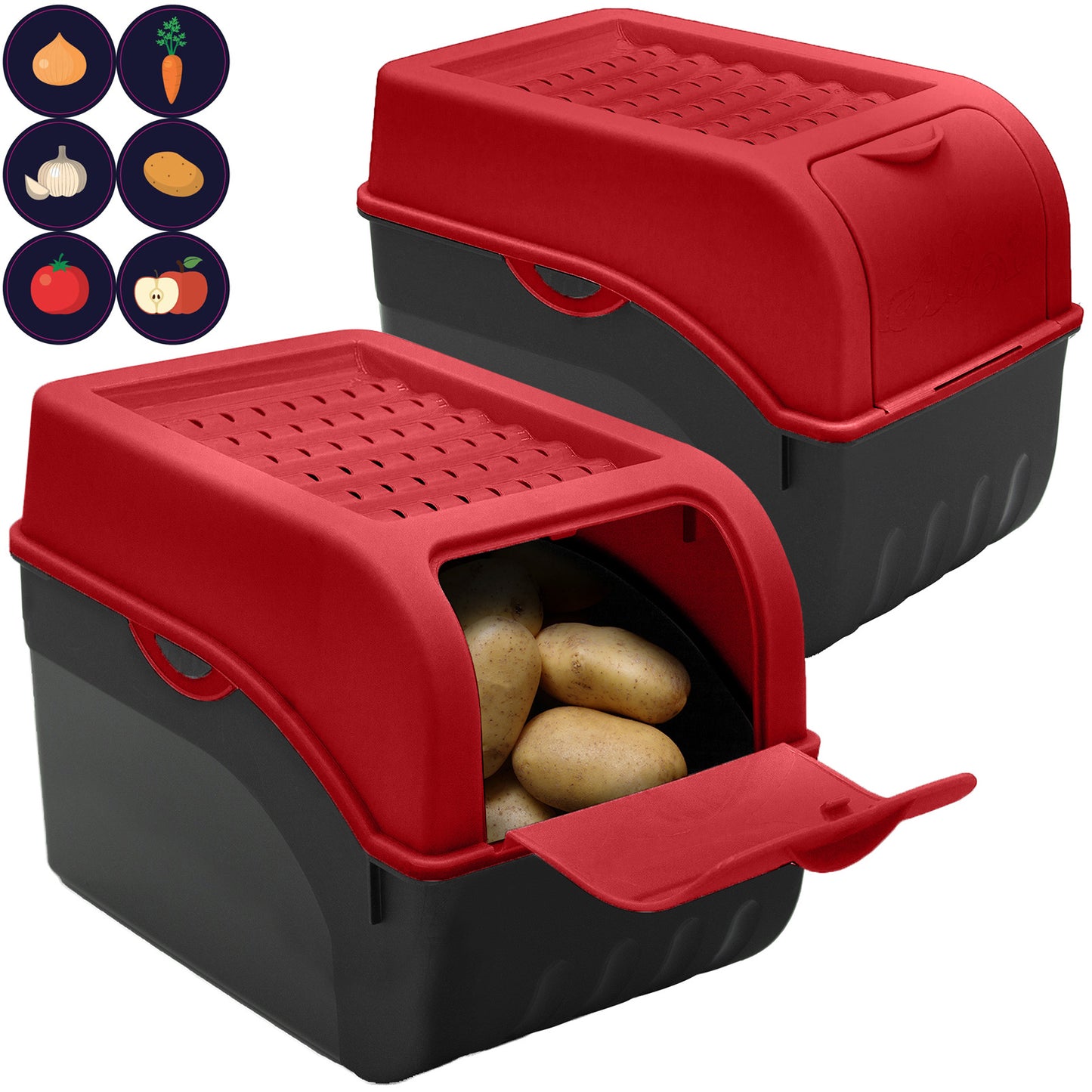 Kartoffelbox mit Deckel rot - Kartoffel Aufbewahrungsbox Gemüsebox mit Aufkleber