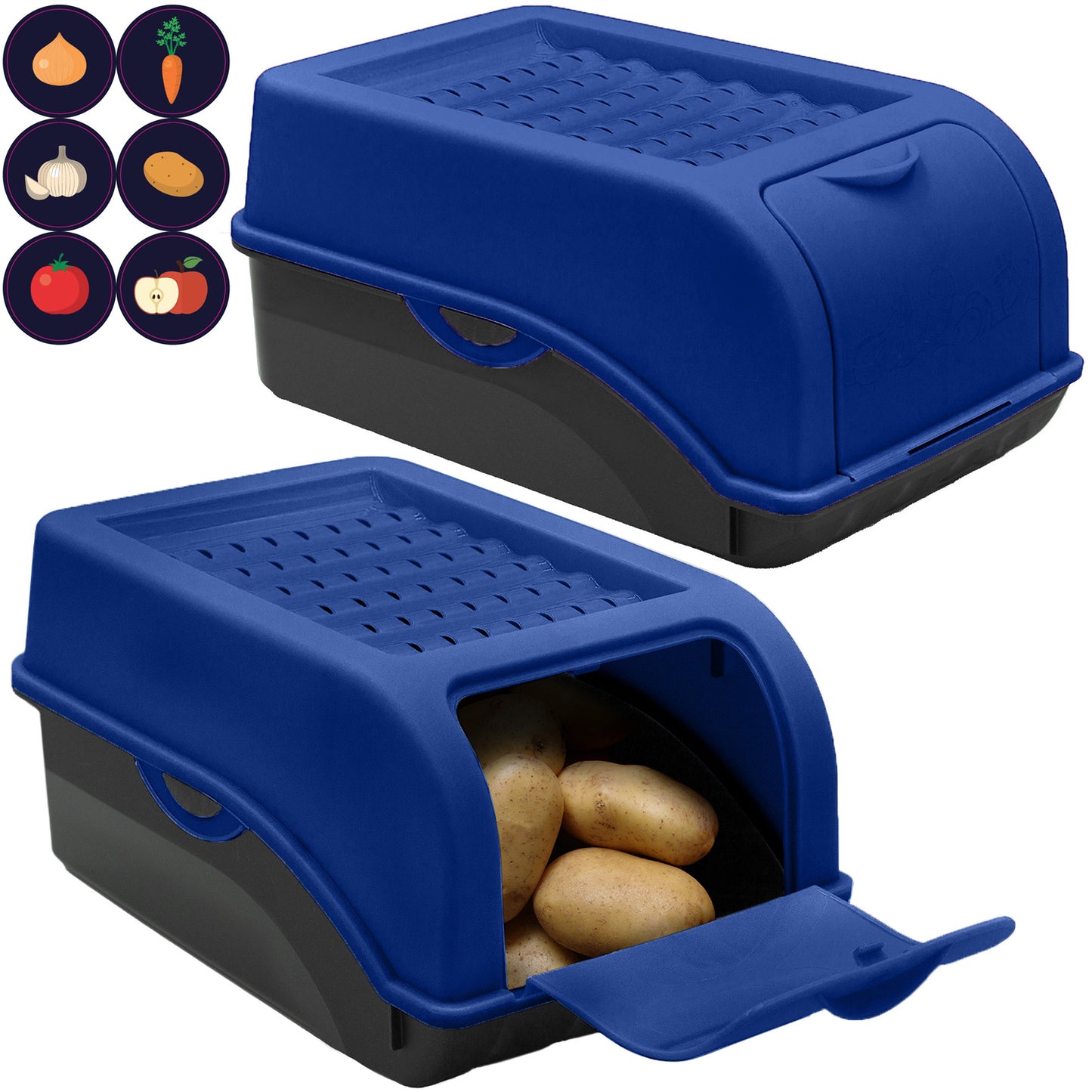 Kartoffelbox mit Deckel dunkelblau - Kartoffel Aufbewahrungsbox Gemüsebox mit Aufkleber