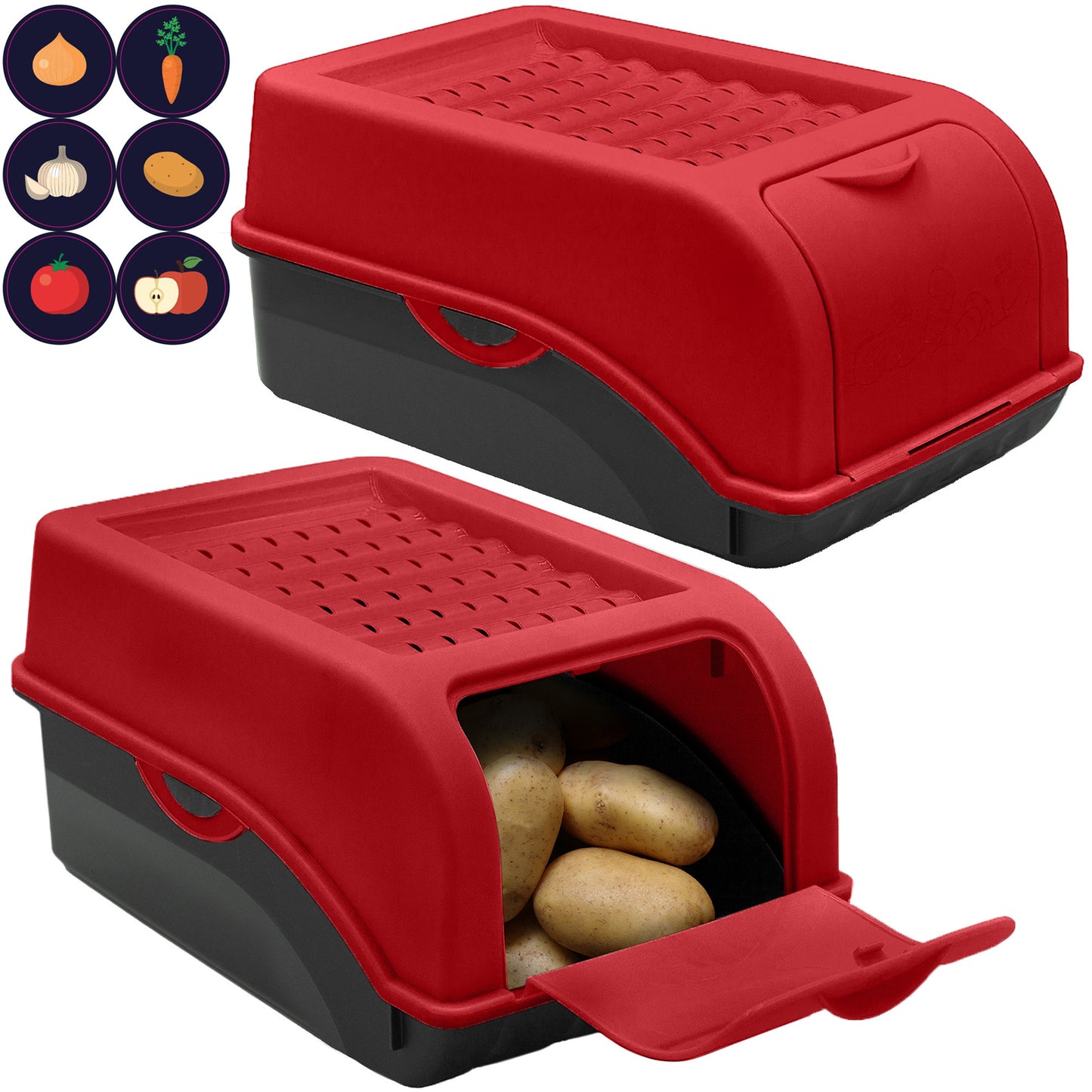 Kartoffelbox mit Deckel rot - Kartoffel Aufbewahrungsbox Gemüsebox mit Aufkleber