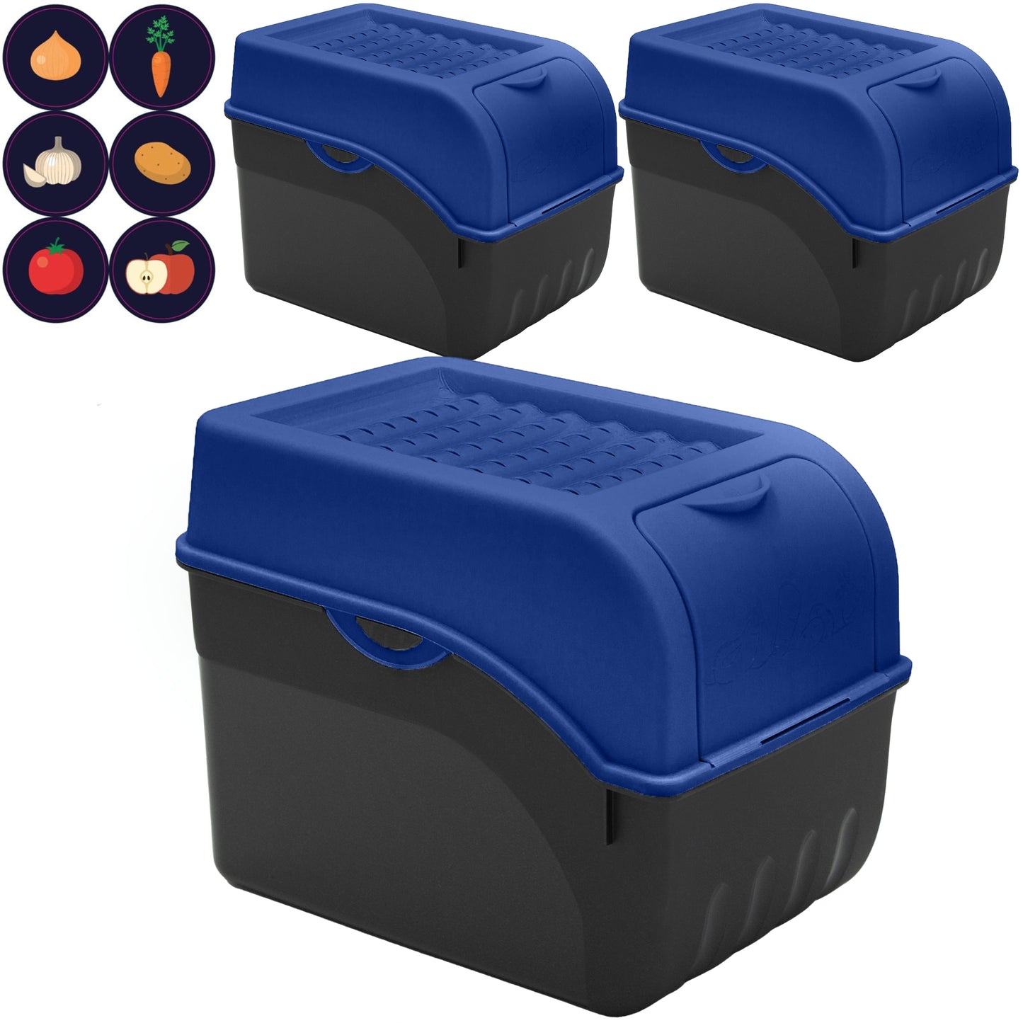 Kartoffelbox mit Deckel dunkelblau - Kartoffel Aufbewahrungsbox Gemüsebox mit Aufkleber