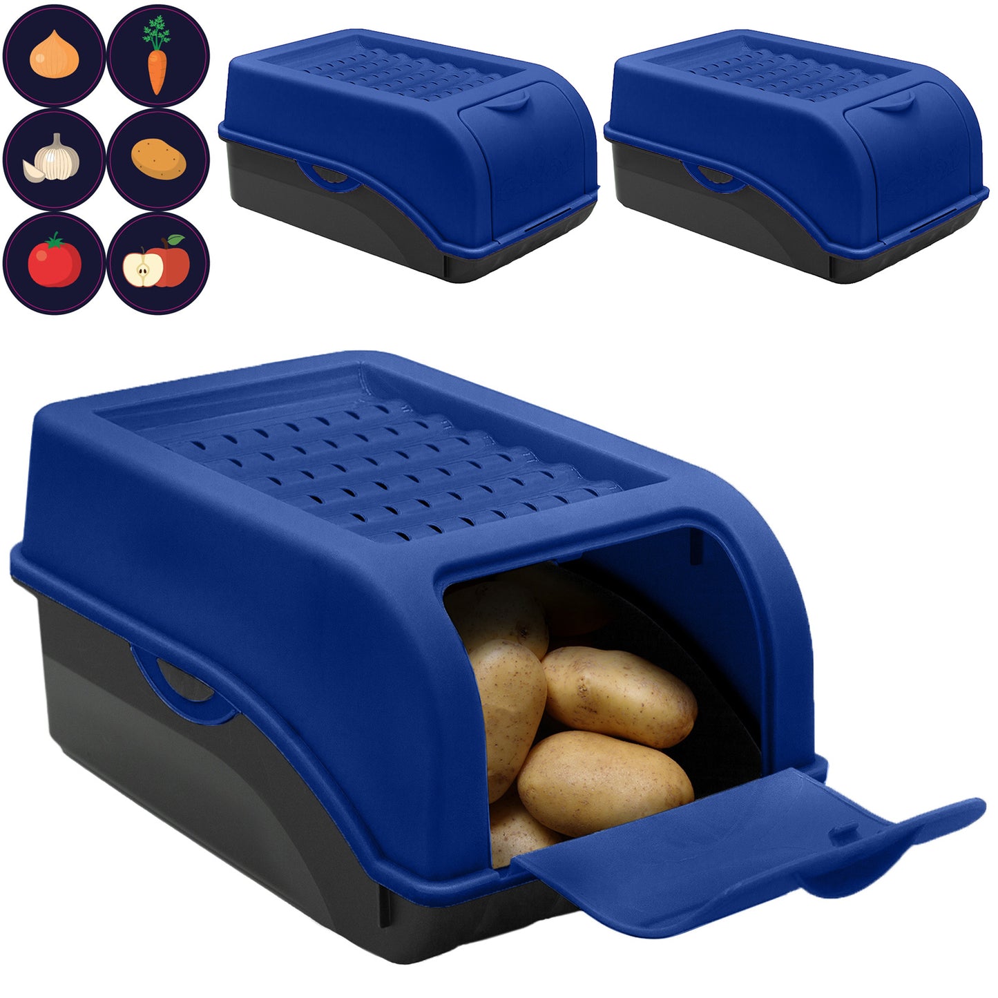 Kartoffelbox mit Deckel dunkelblau - Kartoffel Aufbewahrungsbox Gemüsebox mit Aufkleber
