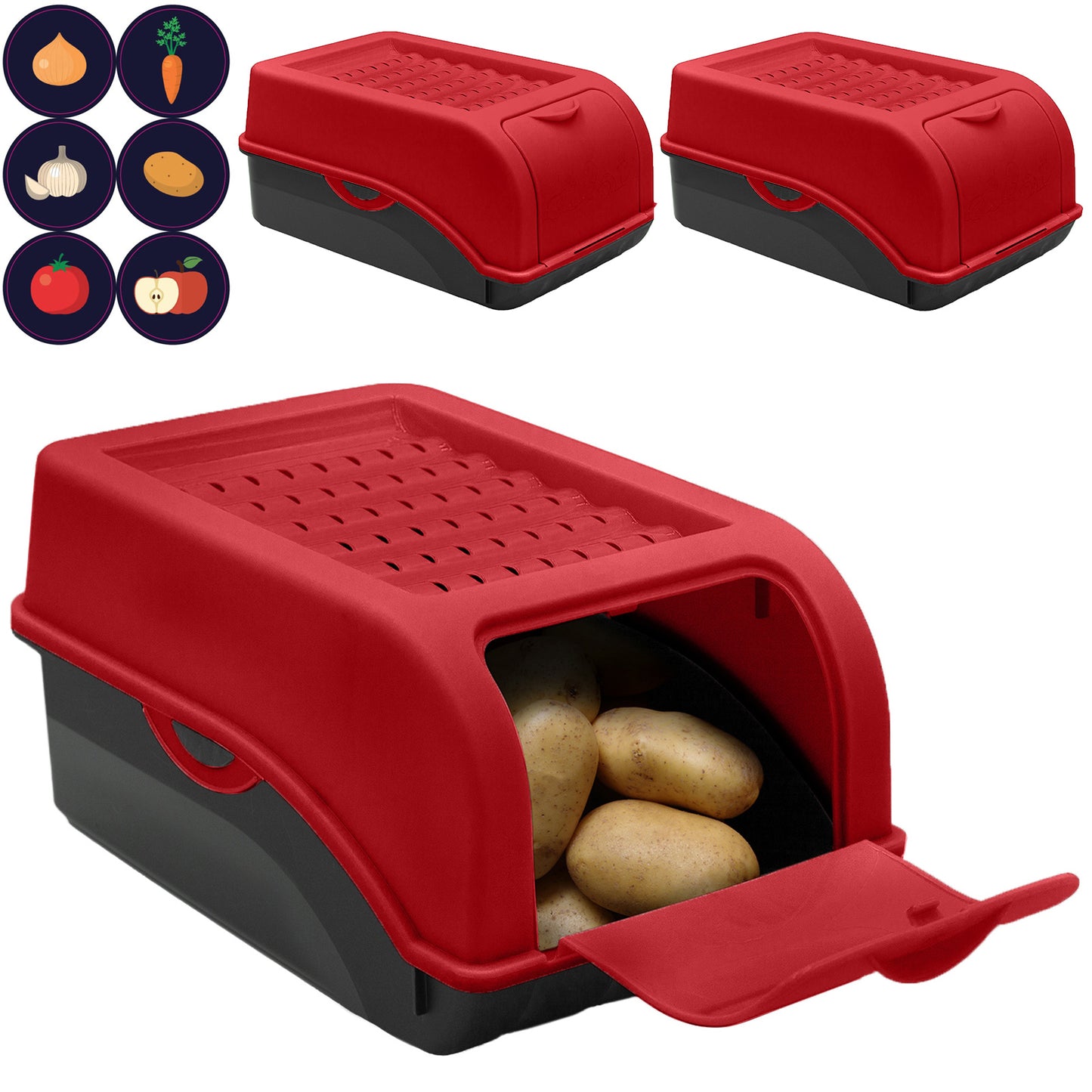 Kartoffelbox mit Deckel rot - Kartoffel Aufbewahrungsbox Gemüsebox mit Aufkleber
