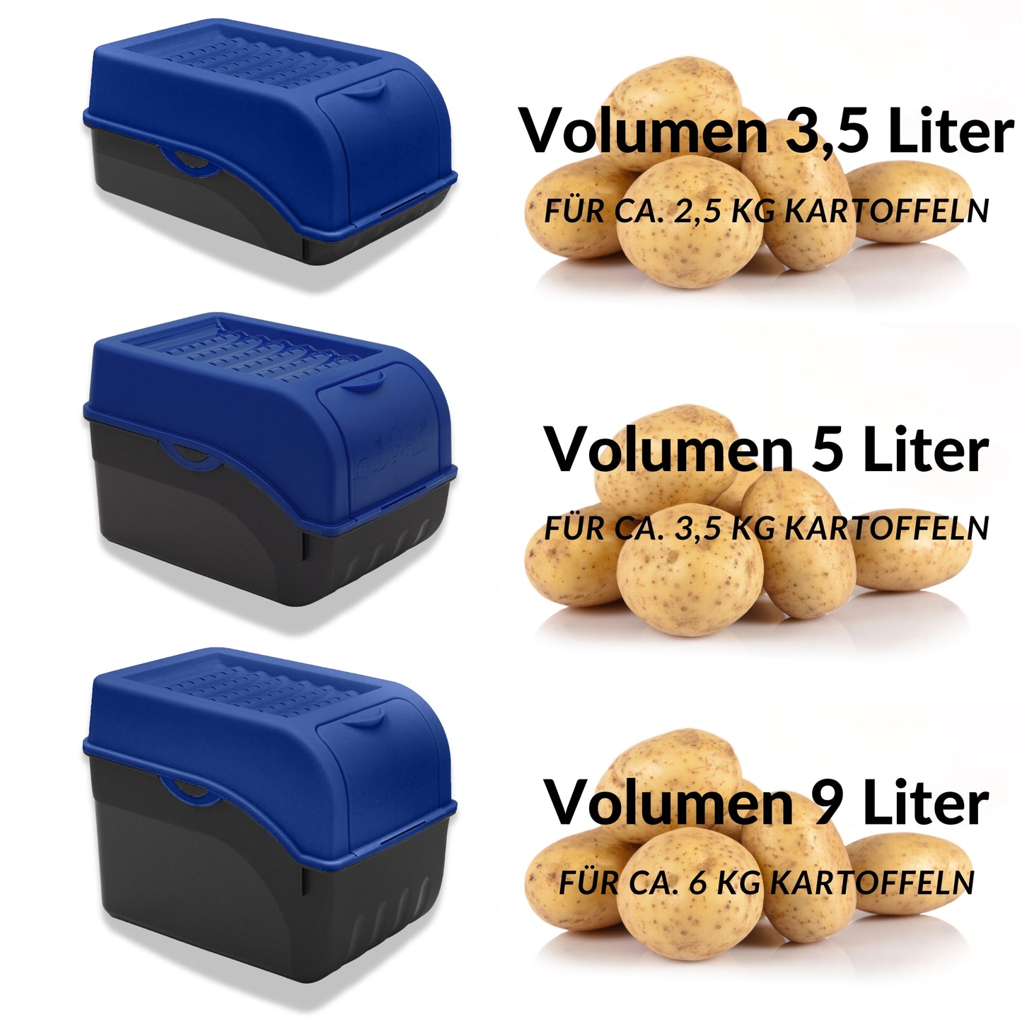 Kartoffelbox mit Deckel dunkelblau - Kartoffel Aufbewahrungsbox Gemüsebox mit Aufkleber