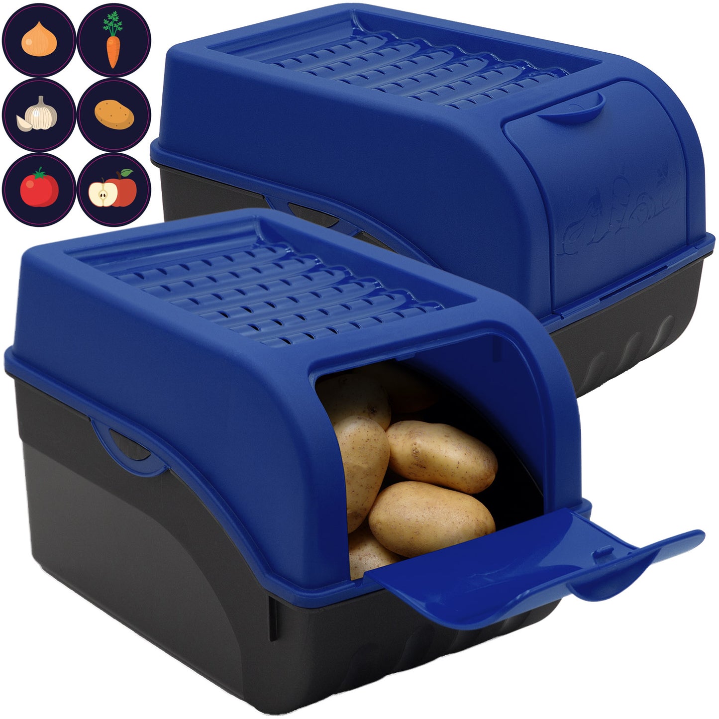 Kartoffelbox mit Deckel dunkelblau - Kartoffel Aufbewahrungsbox Gemüsebox mit Aufkleber