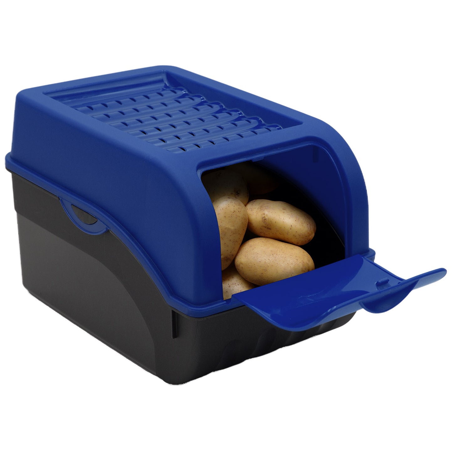 Kartoffelbox mit Deckel dunkelblau - Kartoffel Aufbewahrungsbox Gemüsebox mit Aufkleber