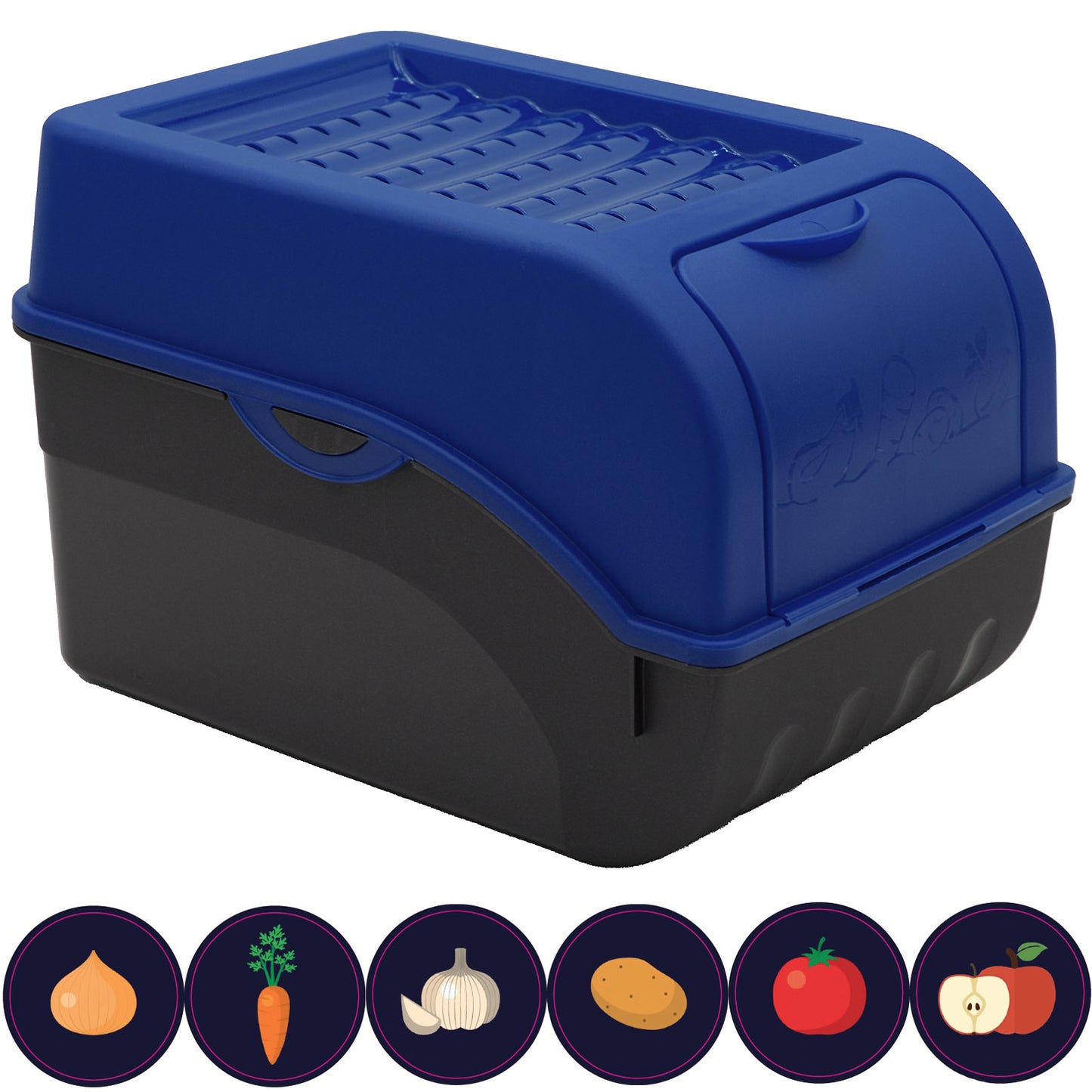 Kartoffelbox mit Deckel dunkelblau - Kartoffel Aufbewahrungsbox Gemüsebox mit Aufkleber