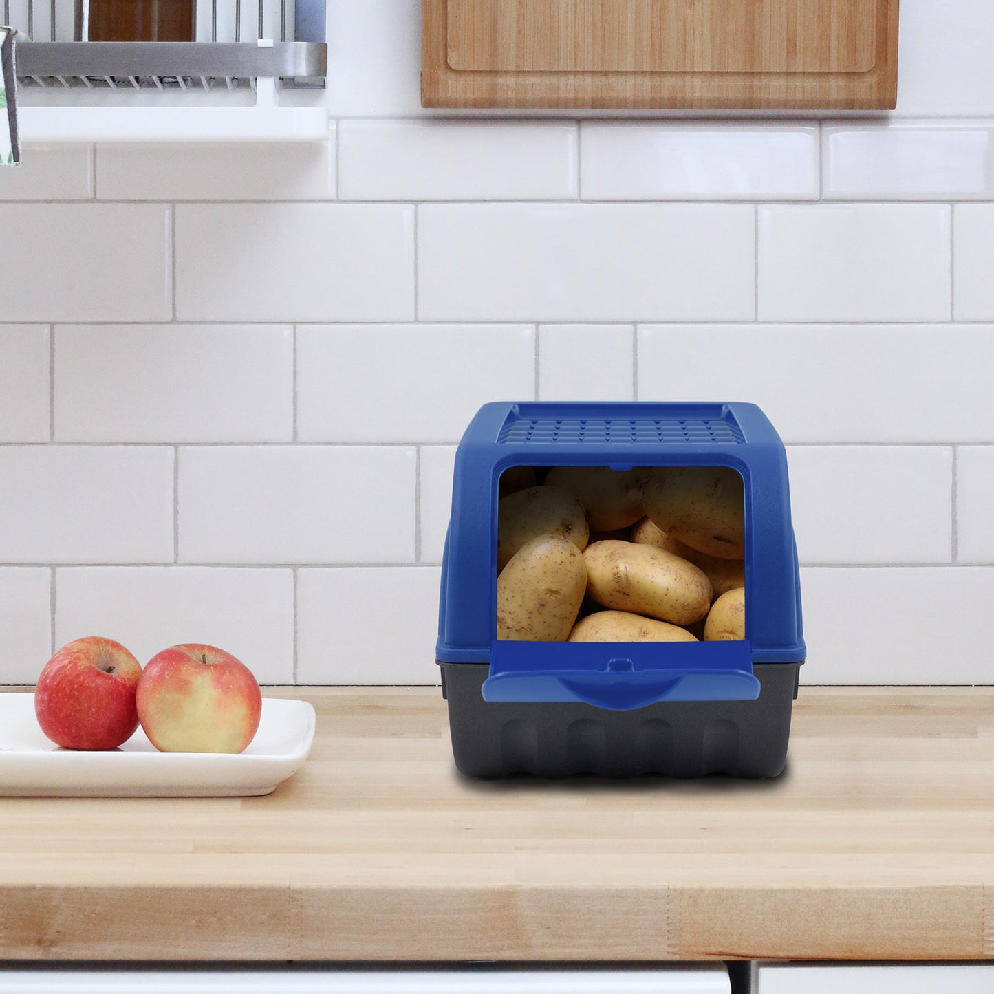 Kartoffelbox mit Deckel dunkelblau - Kartoffel Aufbewahrungsbox Gemüsebox mit Aufkleber