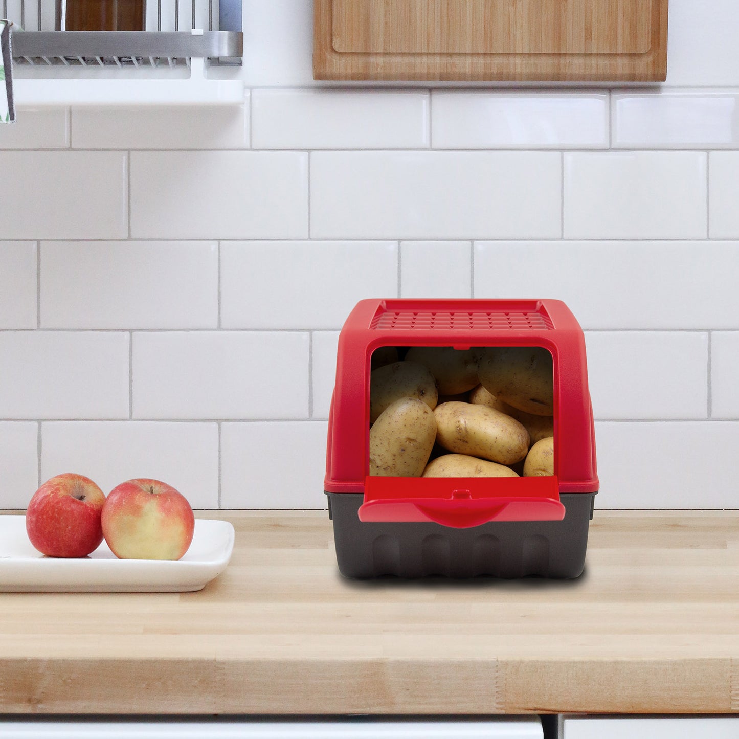 Kartoffelbox mit Deckel rot - Kartoffel Aufbewahrungsbox Gemüsebox mit Aufkleber