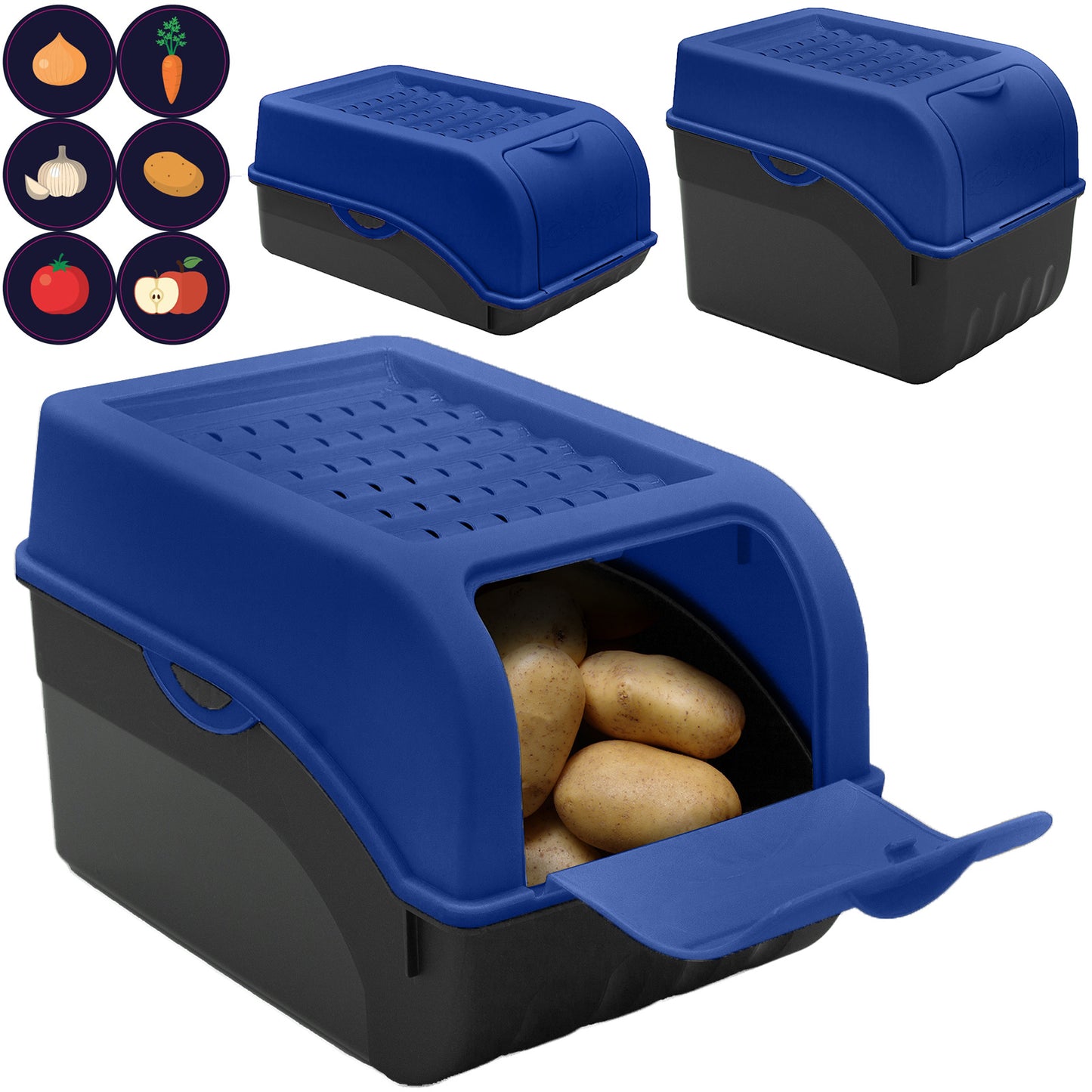Kartoffelbox mit Deckel dunkelblau - Kartoffel Aufbewahrungsbox Gemüsebox mit Aufkleber