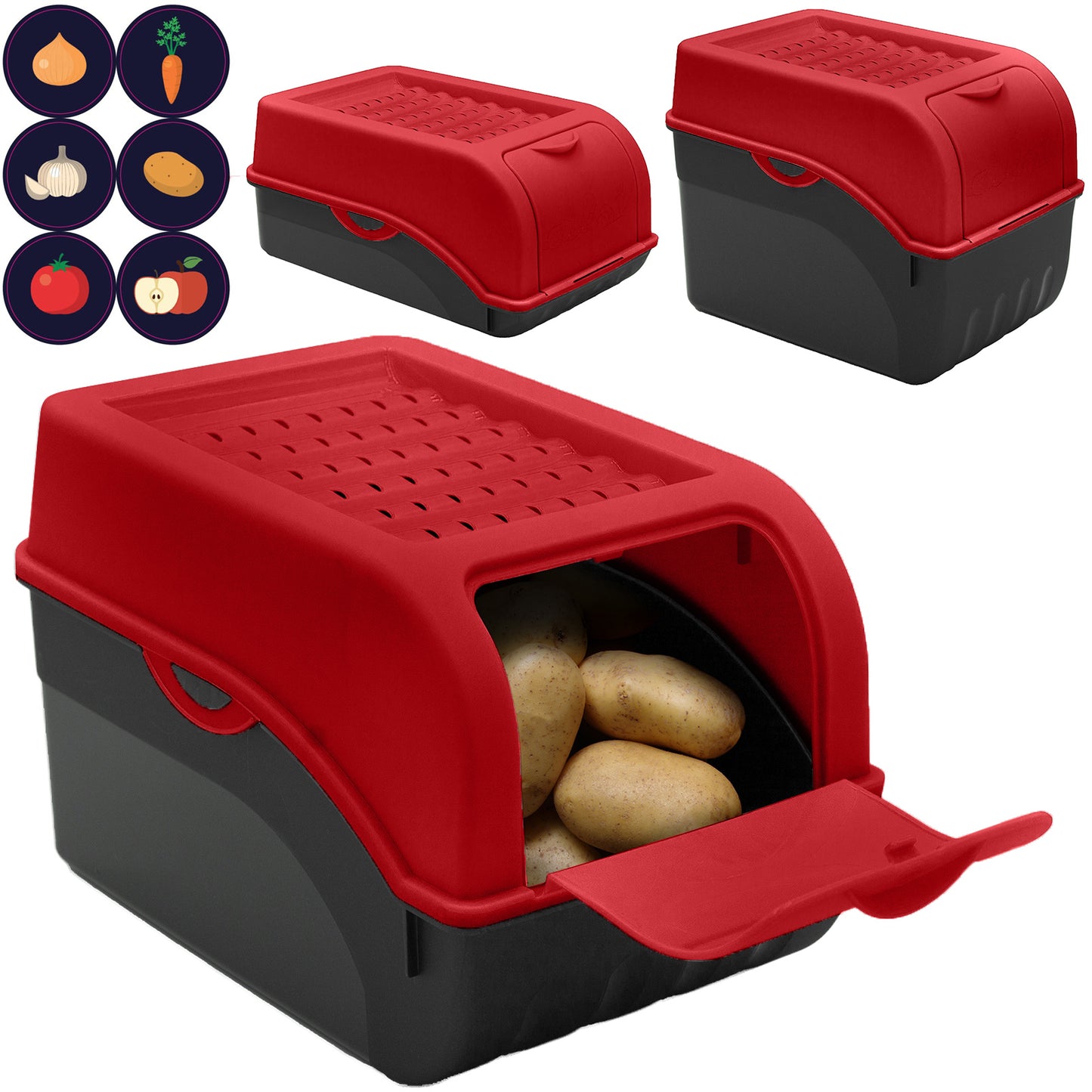 Kartoffelbox mit Deckel rot - Kartoffel Aufbewahrungsbox Gemüsebox mit Aufkleber