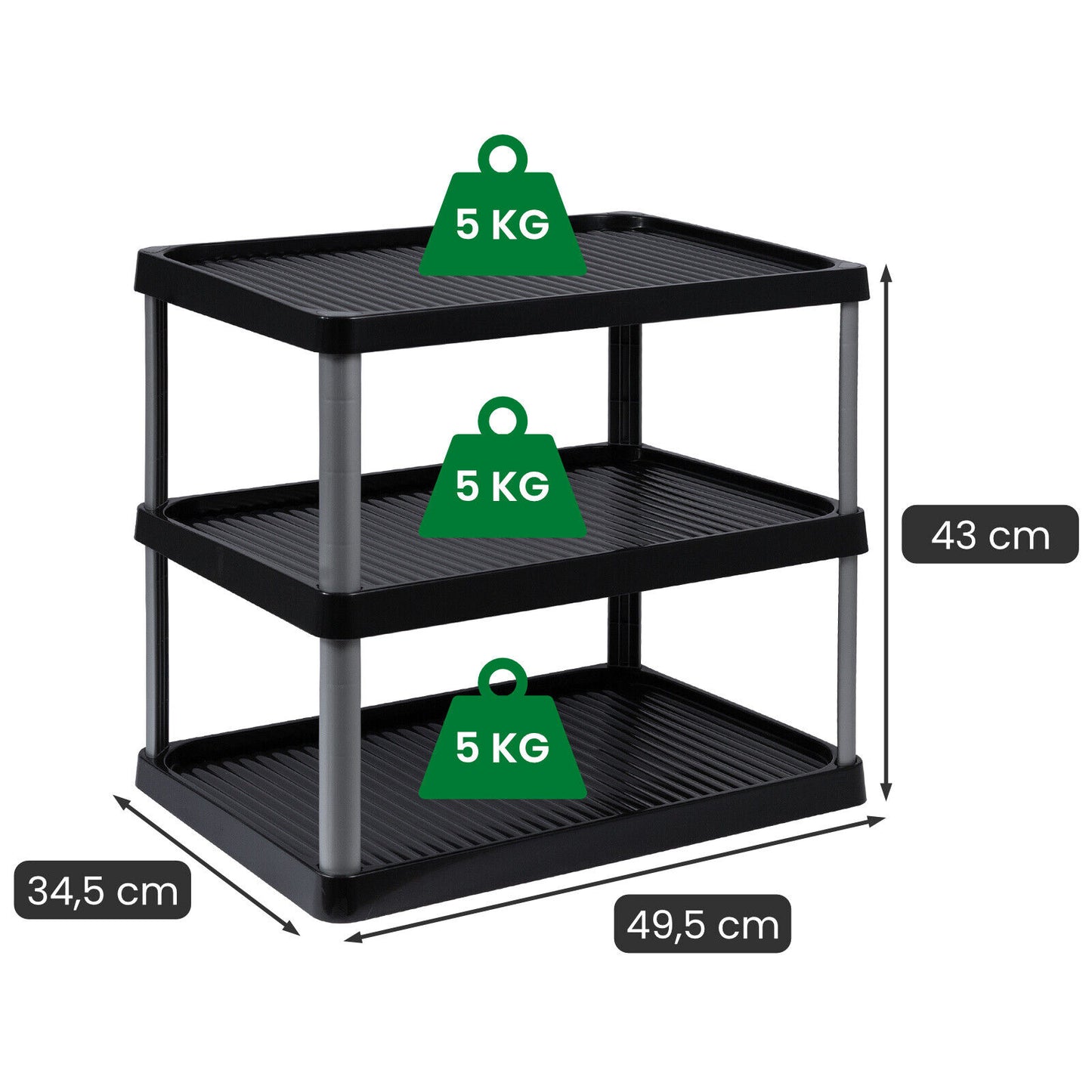 ARTECSIS Schuhregal 3 Ebenen Schwarz I Schuhablage aus Kunststoff 49,5x34,5x43cm