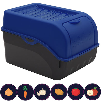 Kartoffelbox mit Deckel dunkelblau - Kartoffel Aufbewahrungsbox Gemüsebox mit Aufkleber
