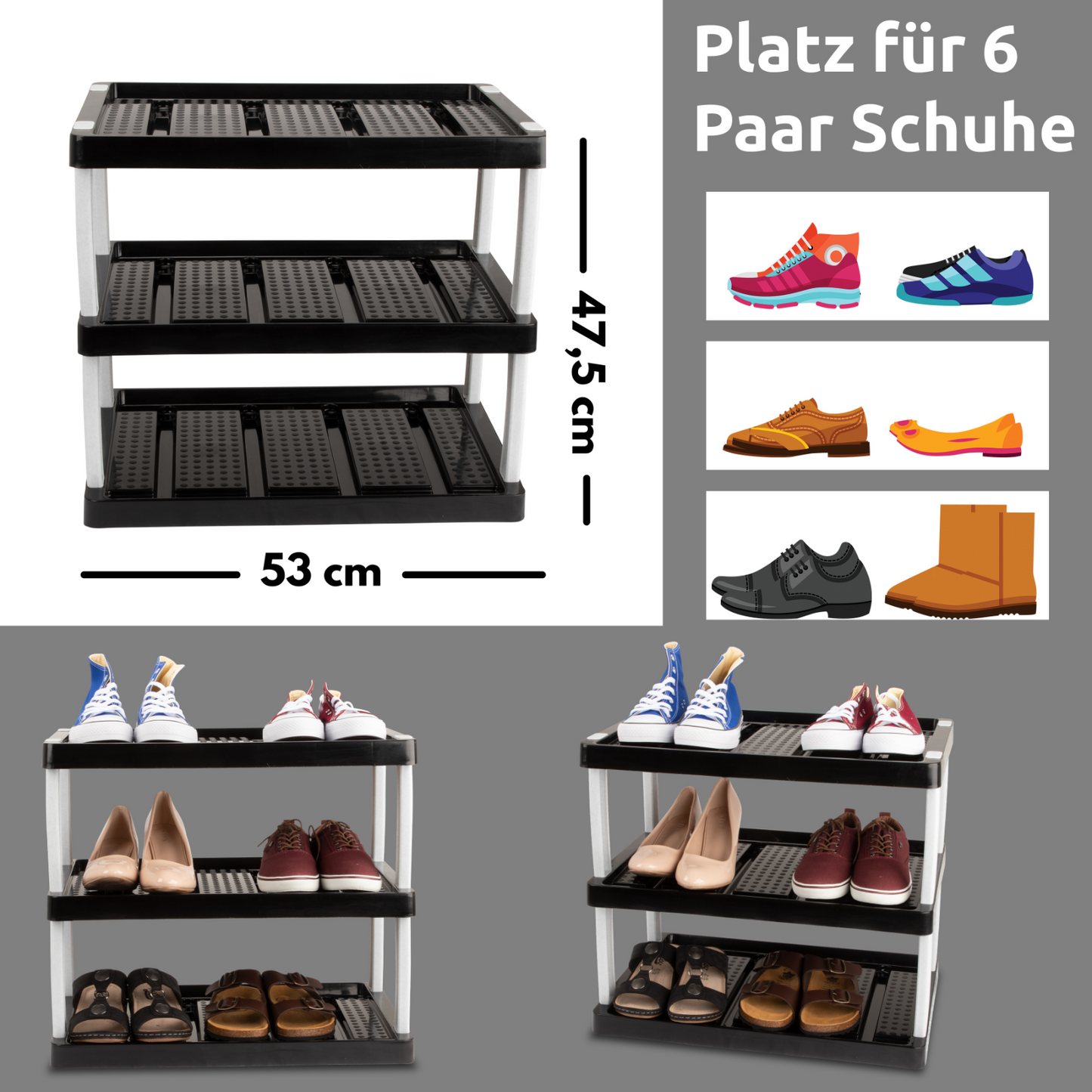 Schuhregal mit 3 Ebenen für 6 Paar Schuhe 47,5 x 53 x 36,5 cm, Erweiterbar