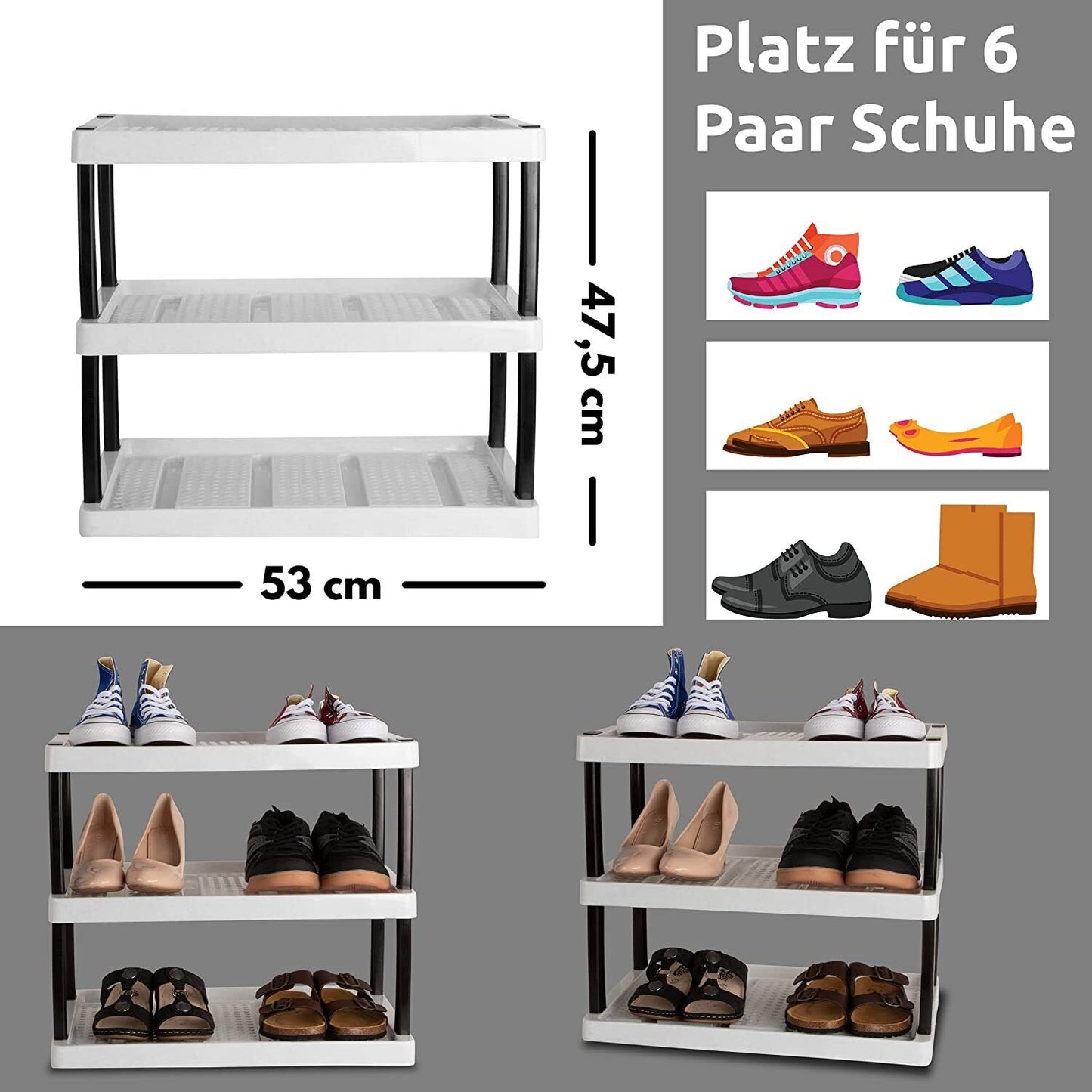 Schuhregal mit 3 Ebenen für 6 Paar Schuhe 47,5 x 53 x 36,5 cm, Erweiterbar