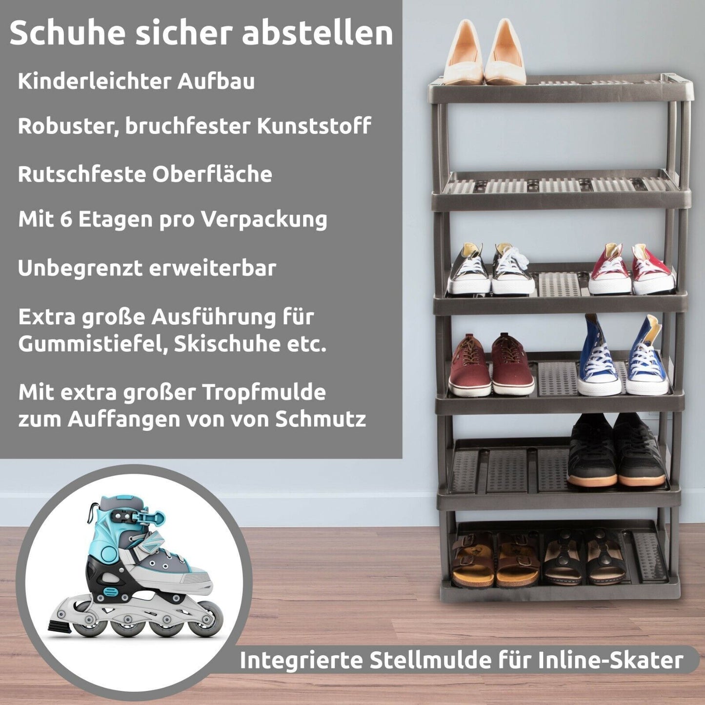 Schuhregal mit 6 Ebenen für 12 Paar Schuhe 113 x 53 x 36,5 cm, erweiterbar