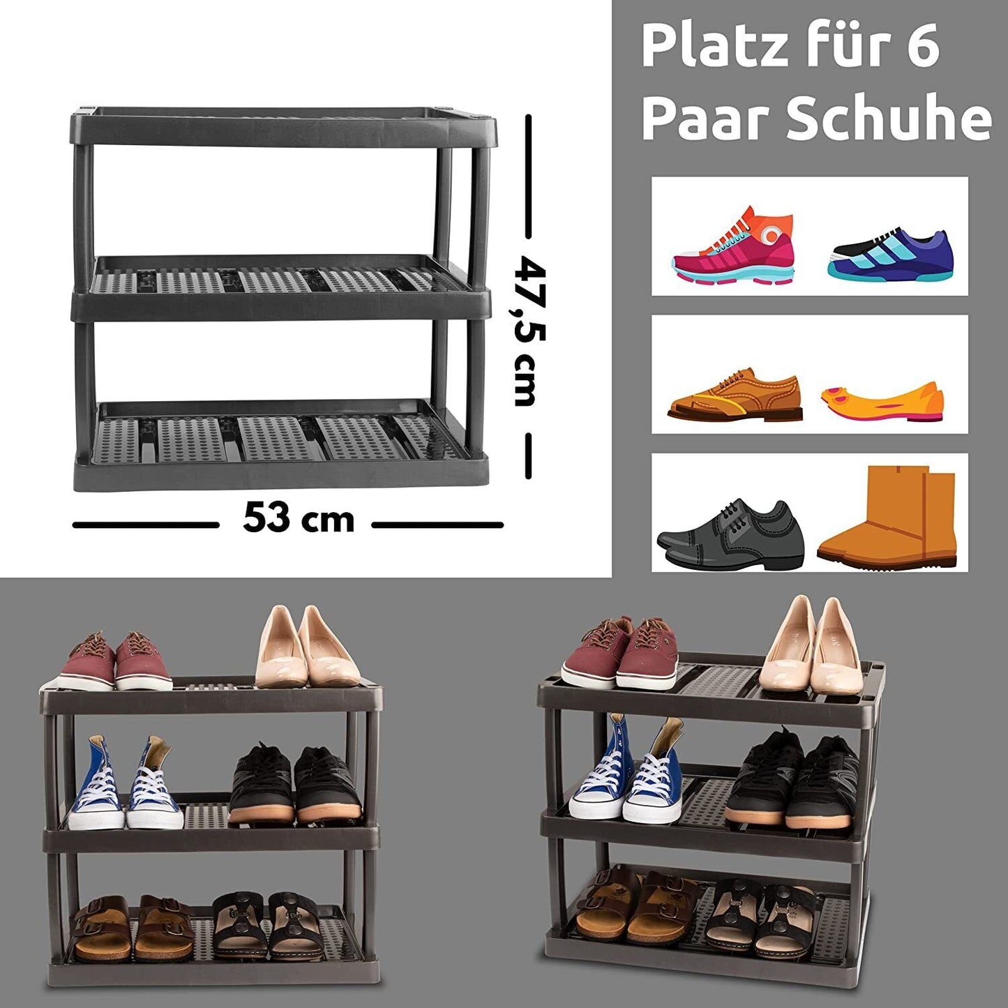 Schuhregal mit 3 Ebenen für 6 Paar Schuhe 47,5 x 53 x 36,5 cm, Erweiterbar